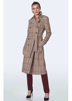 Dwurzędowy płaszcz z paskiem w beżową kratę PL10, Kolor beżowy-wzór, Rozmiar 36, Nife ze sklepu Primodo w kategorii Płaszcze damskie - zdjęcie 140705888