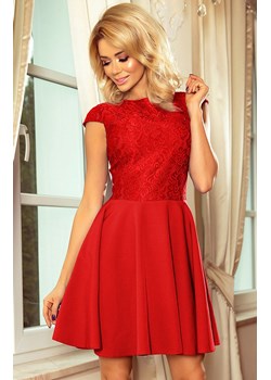 Sukienka Numoco czerwona z krótkim rękawem z okrągłym dekoltem elegancka koronkowa mini 