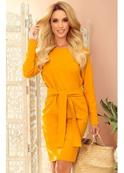 Sukienka damska żółta z paskiem i długim rękawem 209-8, Kolor musztardowy, Rozmiar L, Numoco ze sklepu Primodo w kategorii Sukienki - zdjęcie 140706736