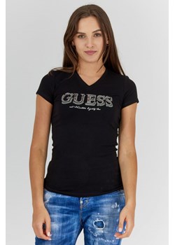 GUESS - Czarny t-shirt damski z metalicznym logo i cyrkoniami ze sklepu outfit.pl w kategorii Bluzki damskie - zdjęcie 140775626