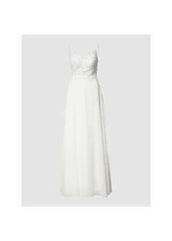 Sukienka Luxuar Fashion z haftem maxi biała na ślub cywilny z dekoltem w literę v na ramiączkach 