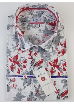 Bodara koszula biała w kwiaty czerwono-szare krótki rękaw  SLIM-FIT ze sklepu ATELIER-ONLINE w kategorii Koszule męskie - zdjęcie 141441369