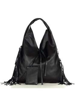 Torba skórzana z frędzlami shopper bag smooth leather MARCO MAZZINI czarny ze sklepu Verostilo w kategorii Torby Shopper bag - zdjęcie 141479236