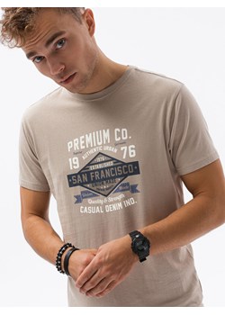 T-shirt męski z nadrukiem S1434 V-20D - beżowy ze sklepu ombre w kategorii T-shirty męskie - zdjęcie 142718596