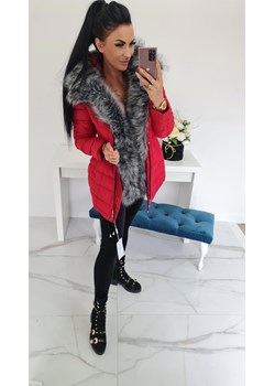 zimowy puchowy płaszcz velma  z mega futrem i kapturem czerwony ze sklepu STYLOWO w kategorii Płaszcze damskie - zdjęcie 143404767