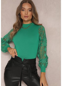 Zielony Sweter z Bufiastym i Koronkowym Rękawem Haidione ze sklepu Renee odzież w kategorii Swetry damskie - zdjęcie 143484737