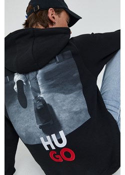 HUGO bluza bawełniana męska kolor czarny z kapturem z aplikacją ze sklepu ANSWEAR.com w kategorii Bluzy męskie - zdjęcie 143749086