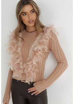 Beżowy Sweter z Piórami Beliita ze sklepu Born2be Odzież w kategorii Swetry damskie - zdjęcie 144258079