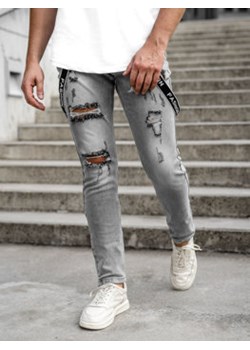 Szare spodnie jeansowe męskie slim fit z szelkami Denley KX952 ze sklepu Denley w kategorii Jeansy męskie - zdjęcie 144264547