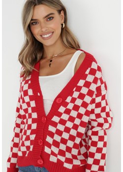 Czerwony Kardigan Oversize w Szachownicę Eras ze sklepu Born2be Odzież w kategorii Swetry damskie - zdjęcie 144297226