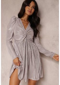 Srebrna Sukienka Rozkloszowana z Błyszczącymi Kropkami i Kopertowym Dekoltem z Wiązaniem Zahida ze sklepu Renee odzież w kategorii Sukienki - zdjęcie 144353079