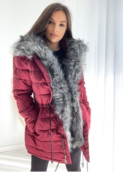 zimowy puchowy płaszcz selma z mega futrem i kapturem  - bordowa ze sklepu STYLOWO w kategorii Kurtki damskie - zdjęcie 144935655