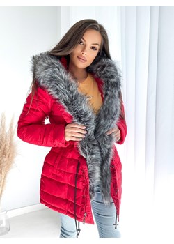 zimowy puchowy płaszcz selma z mega futrem i kapturem  - czerwona ze sklepu STYLOWO w kategorii Kurtki damskie - zdjęcie 144935669