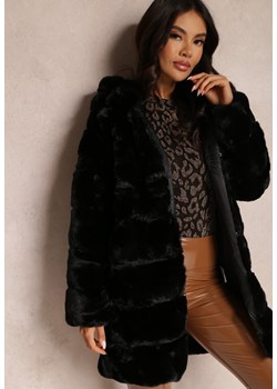 Czarny Płaszcz Futrzany z Kapturem Vimi ze sklepu Renee odzież w kategorii Płaszcze damskie - zdjęcie 145036088