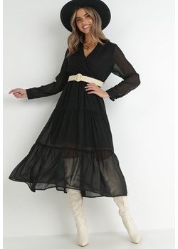Czarna Sukienka z Kopertowym Dekoltem i Plecionym Paskiem Dirmi ze sklepu Born2be Odzież w kategorii Sukienki - zdjęcie 145070815