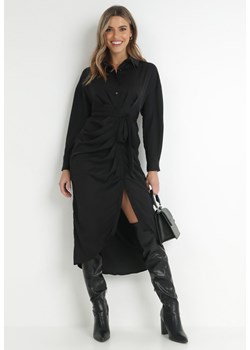 Czarna Sukienka Koszulowa z Wiązanym Paskiem i Marszczeniem Hinula ze sklepu Born2be Odzież w kategorii Sukienki - zdjęcie 145174205