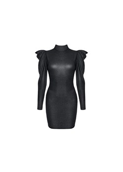 Czarna błyszcząca sukienka z bufkami ze sklepu Kokietki w kategorii Sukienki - zdjęcie 145759129