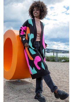 Kolorowy długi kardigan ze wzorem F1510, Kolor czarny-wzór, Rozmiar 2XS/XS, Fobya ze sklepu Primodo w kategorii Swetry damskie - zdjęcie 145778777