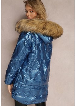 Niebieska Kurtka Metaliczna z Futrzanym Kapturem Kajol ze sklepu Renee odzież w kategorii Kurtki damskie - zdjęcie 145924799