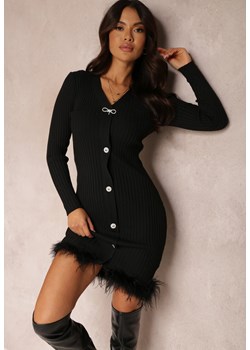 Czarna Sukienka z Prążkowanej Dzianiny z Piórami Euryleia ze sklepu Renee odzież w kategorii Sukienki - zdjęcie 146169756