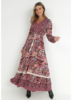 Fuksjowa Sukienka z Gumką w Talii w Etno Wzór Tilfa ze sklepu Born2be Odzież w kategorii Sukienki - zdjęcie 146394757