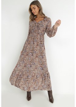 Brązowo-Beżowa Sukienka z Falbanką przy Dekolcie w Ornamentalny Wzór isha ze sklepu Born2be Odzież w kategorii Sukienki - zdjęcie 146438839