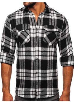 Biało-czarna koszula męska flanelowa w kratę z długim rękawem Bolf 22702 ze sklepu Denley w kategorii Koszule męskie - zdjęcie 146529538