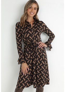 Brązowa Sukienka Koszulowa w Geometryczny Wzór Looroc ze sklepu Born2be Odzież w kategorii Sukienki - zdjęcie 146572446