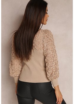 Beżowy Sweter z Prążkowanej Dzianiny z Koronką Ule ze sklepu Renee odzież w kategorii Swetry damskie - zdjęcie 146574725