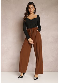 Brązowe Spodnie Szerokie z Gumką w Talii Belka ze sklepu Renee odzież w kategorii Spodnie damskie - zdjęcie 146692529