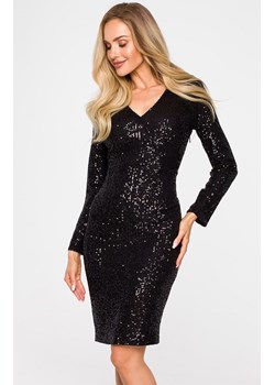 Cekinowa sukienka dopasowana z dekoltem V w kolorze czarnym M717, Kolor czarny, Rozmiar L, MOE ze sklepu Primodo w kategorii Sukienki - zdjęcie 146789055