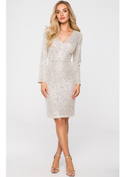 Cekinowa sukienka dopasowana z dekoltem V w kolorze szampańskim M717, Kolor szampański, Rozmiar L, MOE ze sklepu Primodo w kategorii Sukienki - zdjęcie 146789067