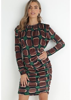 Brązowa Sukienka z Drapowaniem w Geometryczny Wzór Kalma ze sklepu Born2be Odzież w kategorii Sukienki - zdjęcie 146937156