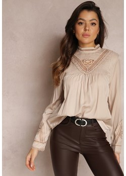 Beżowa Bluzka z Ażurowymi Zdobieniami Zehi ze sklepu Renee odzież w kategorii Bluzki damskie - zdjęcie 146937957