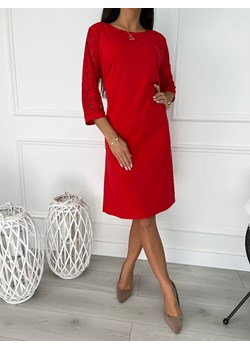 Czerwona Sukienka z Koronkowym Rękawem ze sklepu ModnaKiecka.pl w kategorii Sukienki - zdjęcie 147061609