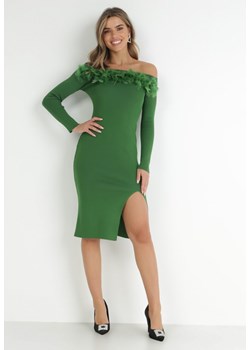 Zielona Sukienka Dzianinowa z Piórami Preta ze sklepu Born2be Odzież w kategorii Sukienki - zdjęcie 147074428