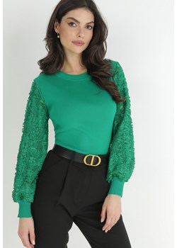 Zielony Sweter z Bufiastym Ażurowym Rękawem Cayemi ze sklepu Born2be Odzież w kategorii Swetry damskie - zdjęcie 147143715
