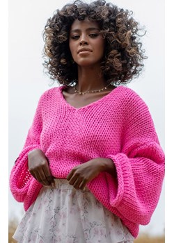 Sweter damski z wełną i alpaką różowy Chunky Knit F1258, Kolor różowy, Rozmiar XS/S, Fobya ze sklepu Primodo w kategorii Swetry damskie - zdjęcie 147301595