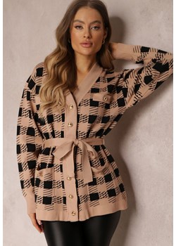 Beżowy Kardigan Zapinany w Kratę i Wiązanym Paskiem Lido ze sklepu Renee odzież w kategorii Swetry damskie - zdjęcie 147325076