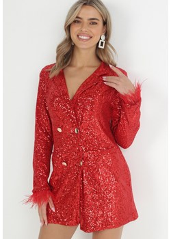 Czerwona Cekinowa Sukienka Marynarka z Piórkami na Rękawach Talmi ze sklepu Born2be Odzież w kategorii Sukienki - zdjęcie 147914386