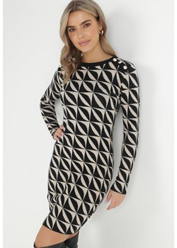 Czarno-Beżowa Sukienka Dzianinowa w Geometryczny Wzór Hynnee ze sklepu Born2be Odzież w kategorii Sukienki - zdjęcie 147952407