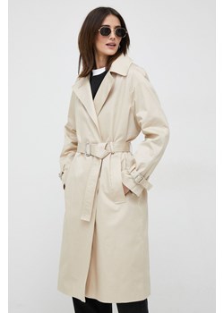 Calvin Klein płaszcz bawełniany kolor beżowy przejściowy dwurzędowy ze sklepu ANSWEAR.com w kategorii Płaszcze damskie - zdjęcie 148136528