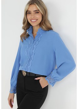 Niebieska Koszula ze Stójką i Koronkowymi Zdobieniami Kalla ze sklepu Born2be Odzież w kategorii Koszule damskie - zdjęcie 148313348