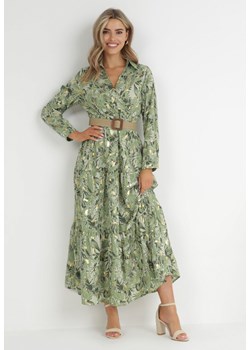 Jasnozielona Sukienka z Roślinnym Wzorem i Plecionym Paskiem Nouylas ze sklepu Born2be Odzież w kategorii Sukienki - zdjęcie 148385476
