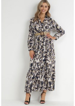 Granatowo-Beżowa Sukienka z Roślinnym Wzorem i Plecionym Paskiem Nouylas ze sklepu Born2be Odzież w kategorii Sukienki - zdjęcie 148385486