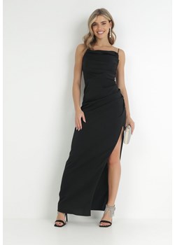 Czarna Satynowa Sukienka Maxi z Rozcięciem na Dole Hacheyar ze sklepu Born2be Odzież w kategorii Sukienki - zdjęcie 148431795