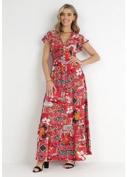 Czerwona Sukienka Maxi z Wiskozy z Gumką w Talii i Guzikami Nyllu ze sklepu Born2be Odzież w kategorii Sukienki - zdjęcie 148455787