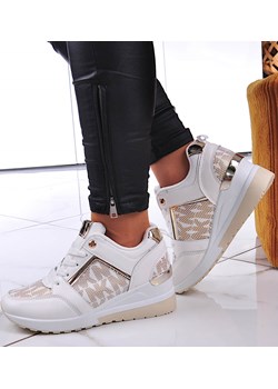 Białe trampki sneakersy na niskim koturnie /C7-3 12942 T690/ ze sklepu Pantofelek24.pl w kategorii Buty sportowe damskie - zdjęcie 148482325