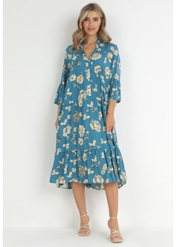Niebieska Sukienka Rozkloszowana z Falbankami Drirva ze sklepu Born2be Odzież w kategorii Sukienki - zdjęcie 148614836