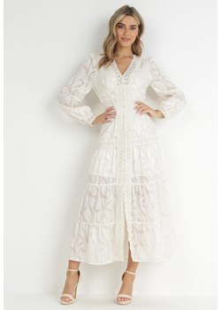 Beżowa Koronkowa Sukienka z Falbanką i Ozdobnymi Guzikami Hines ze sklepu Born2be Odzież w kategorii Sukienki - zdjęcie 149066185